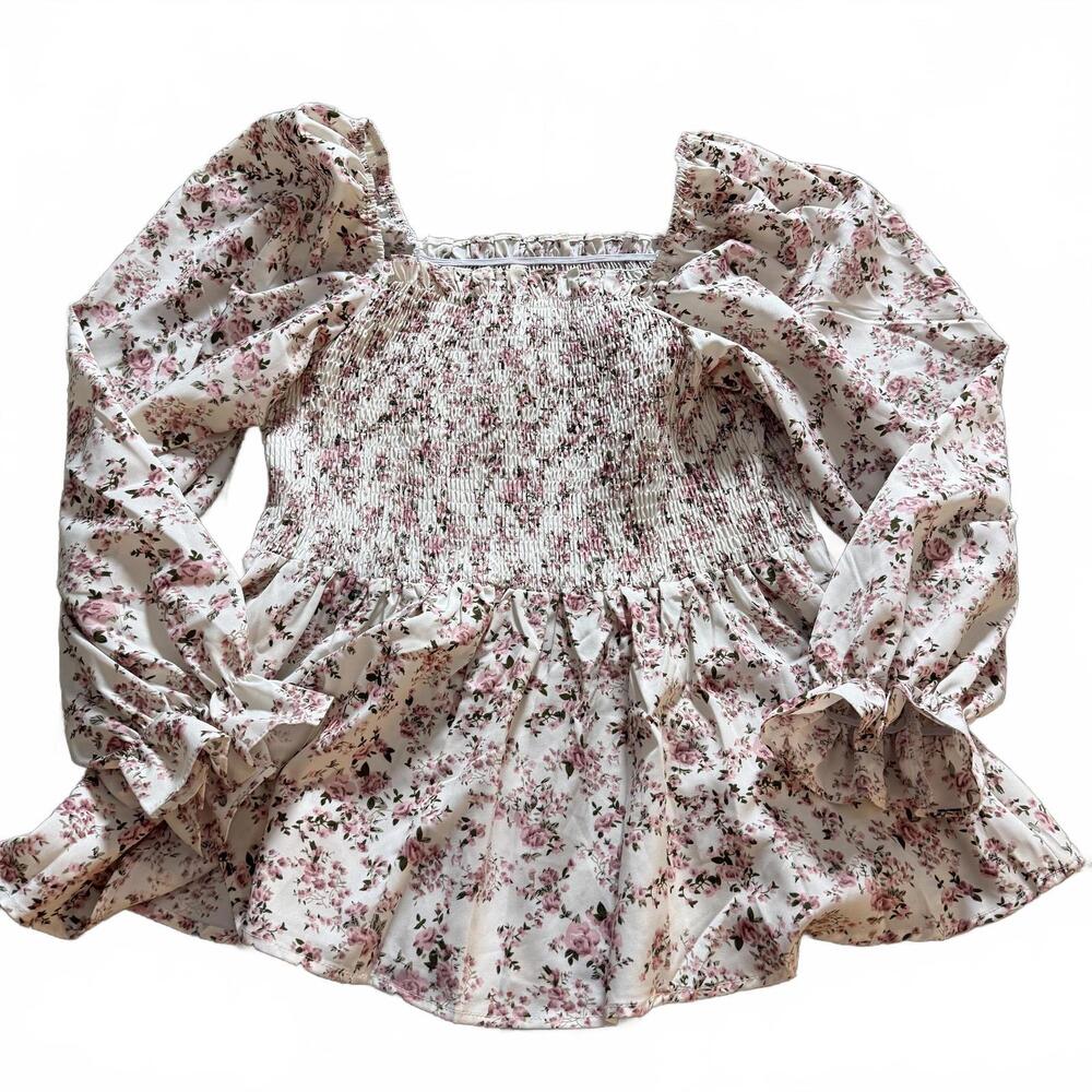 Floral Cream/Pink Flounce Sleeve Smocked Peplum Blouse SZ L CottageCore Romantic